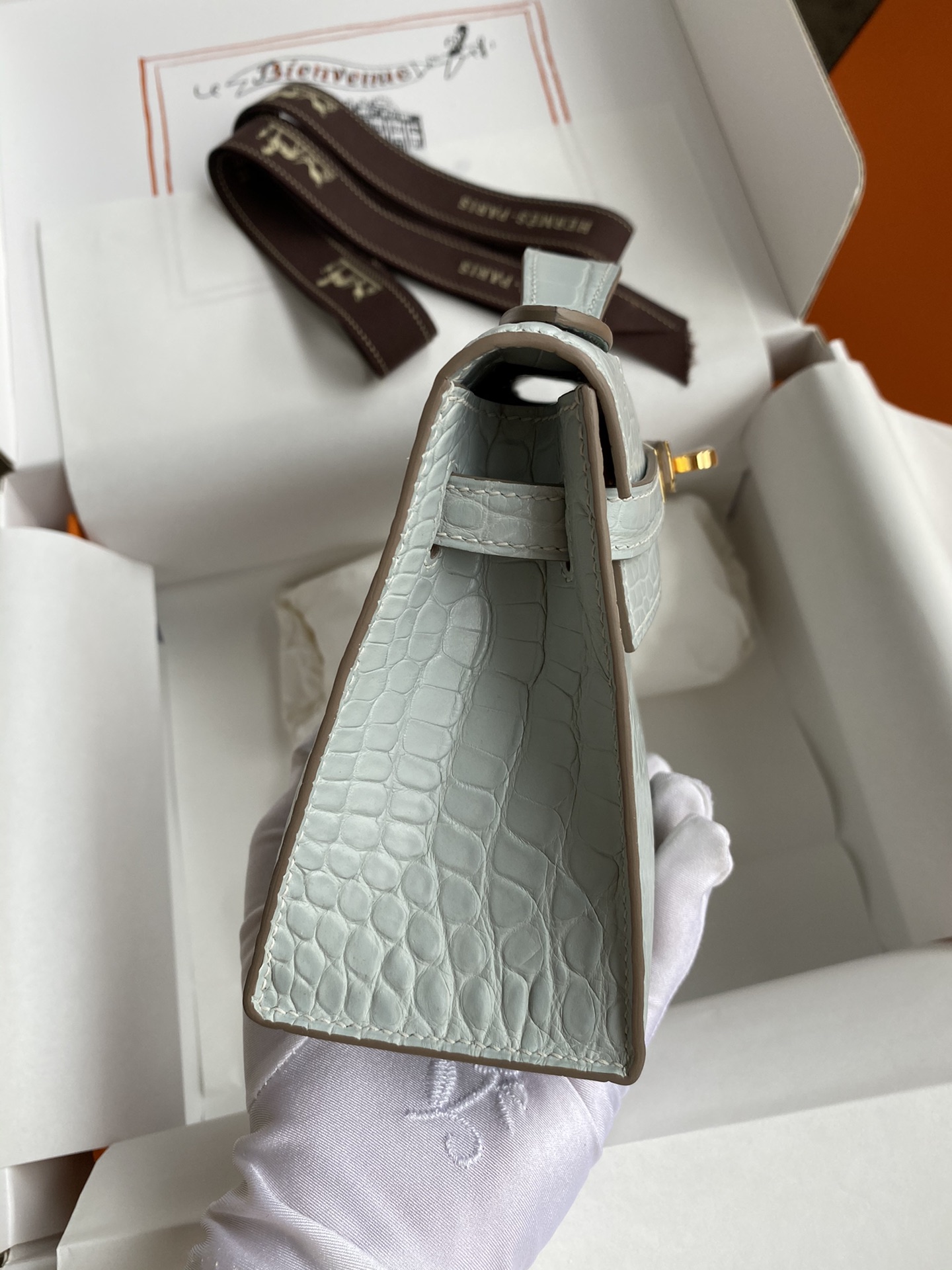 Hermes Mini Kelly Pochette 22cm Bag In Pearl Grey Matte Alligator Leather